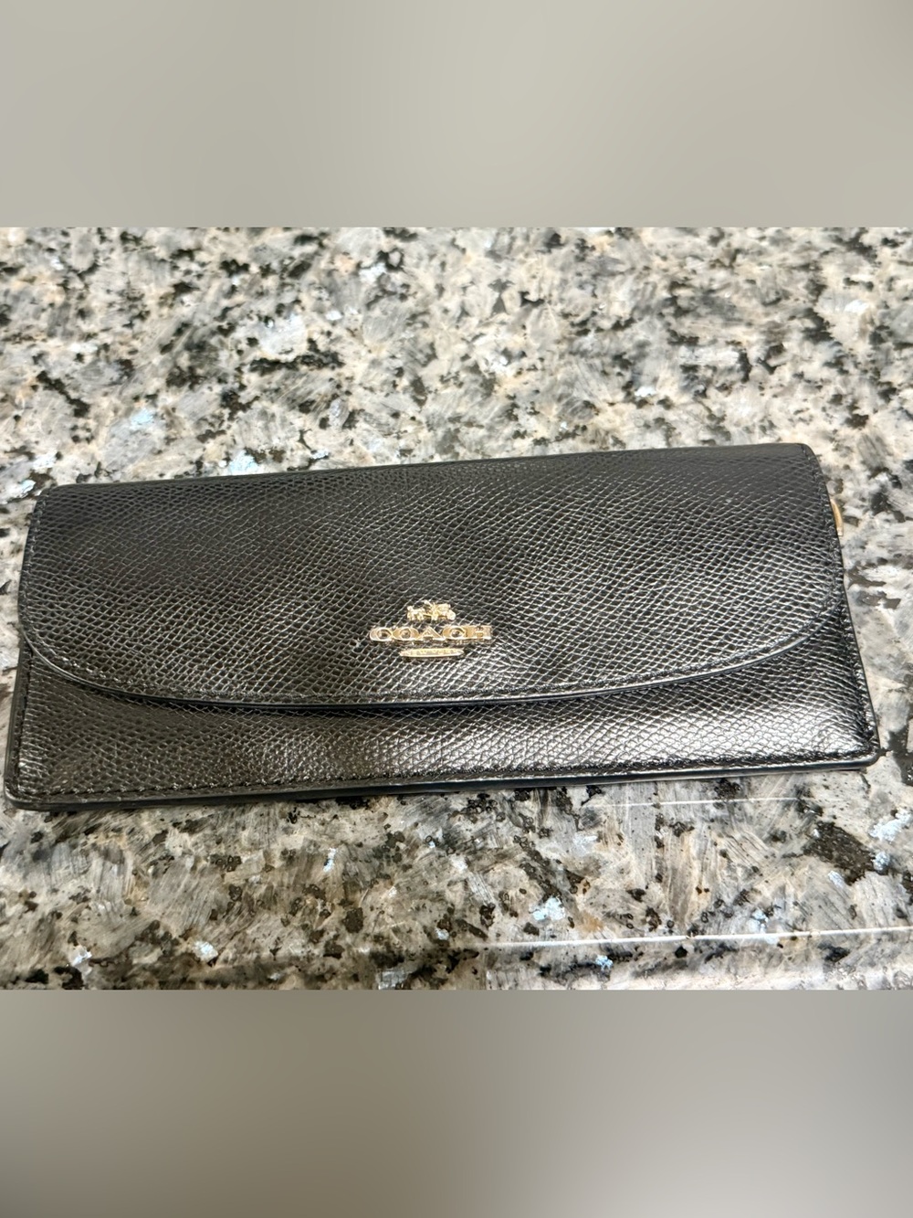 Coach Black Textured Leather Continental Wallet with Gold Logo